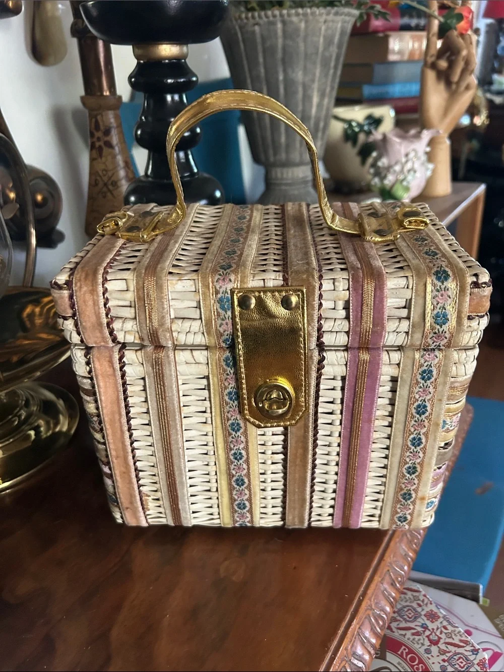 Vintage Woven Wicker Box Handbag with Ribbon Trim